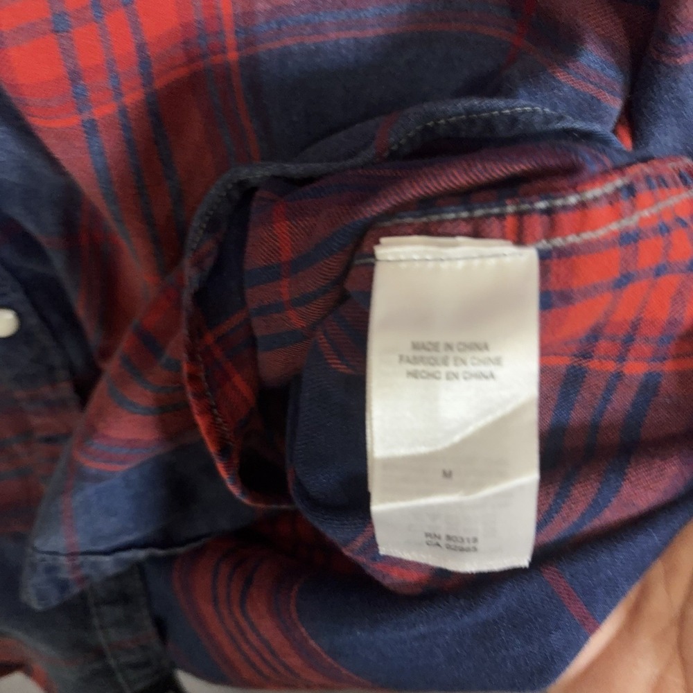 Lucky Brand Pearl Snap Denim Shirt Mens Sz M Blue Red Plaid Western Pockets - Picture 5 of 8